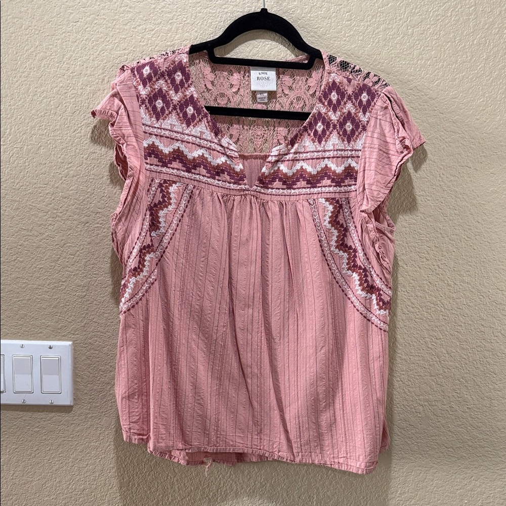 Knox Rose Blush and Burgundy Patterned Blouse